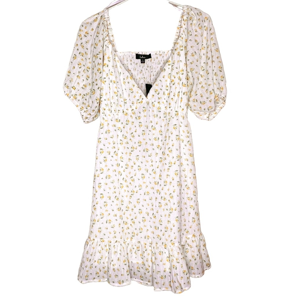 Lulu's White and Yellow Floral Print Puff Sleeve Mini Slip Dress Womens S